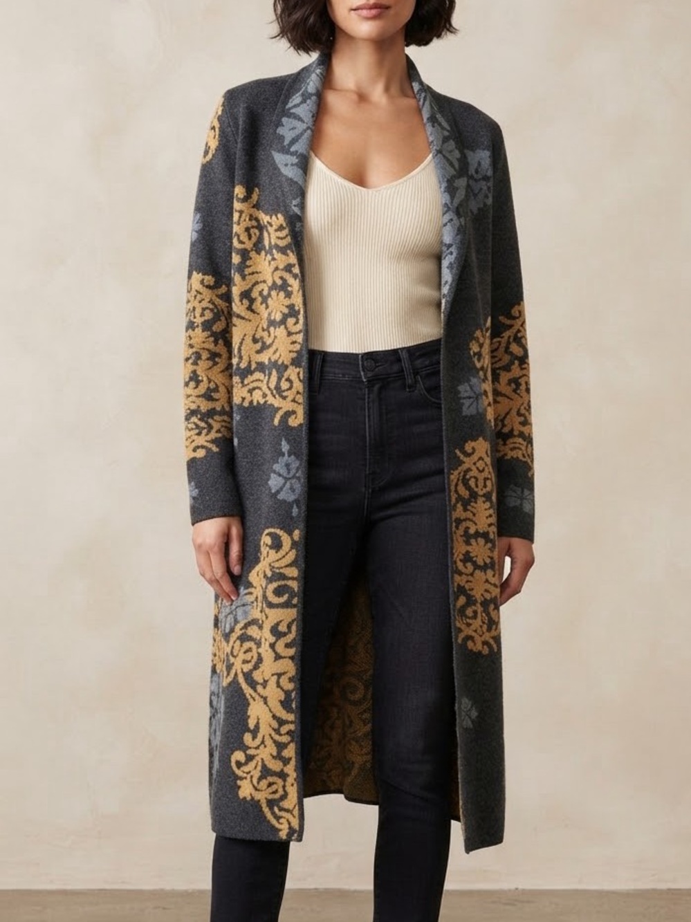 Soft Surroundings Boho Damask Long Cardigan Sweater Wool Blend Medium